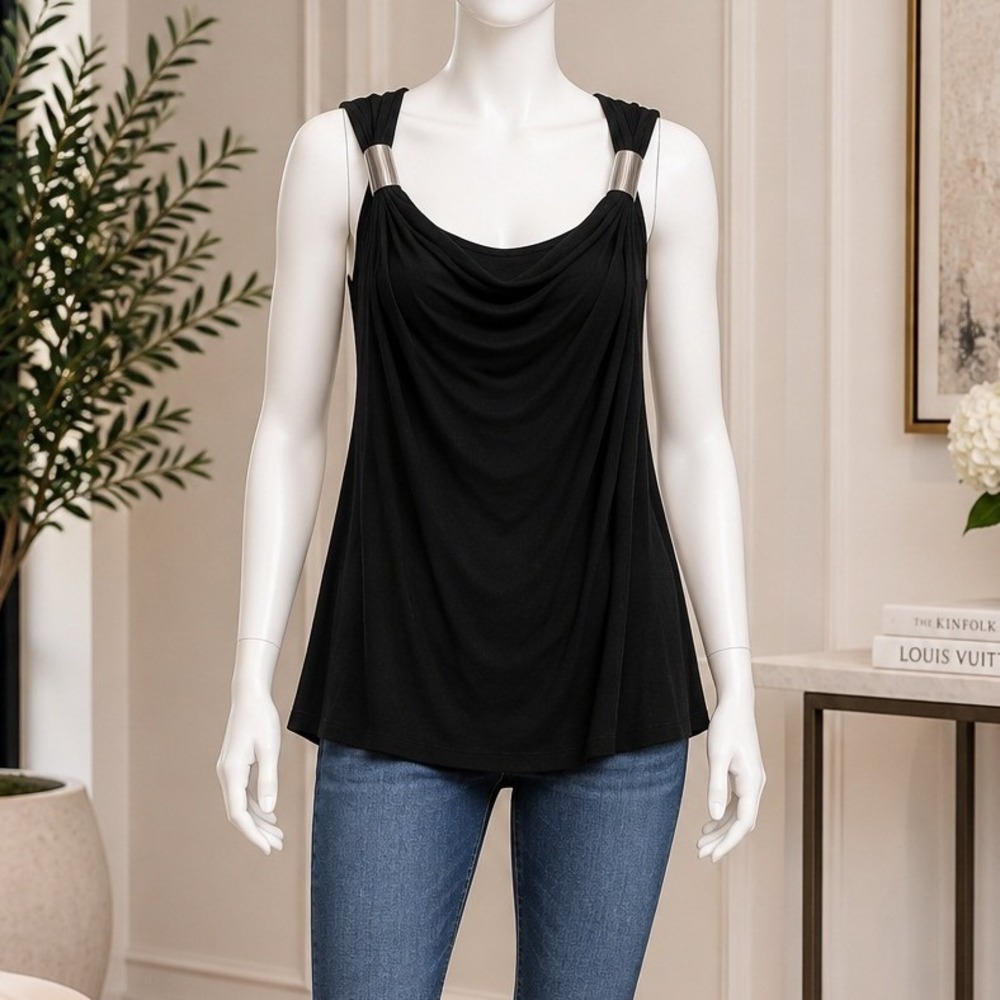 Kenneth Cole Reaction Womens Tank Top Black Cowl Neck Silver Hardware Medium